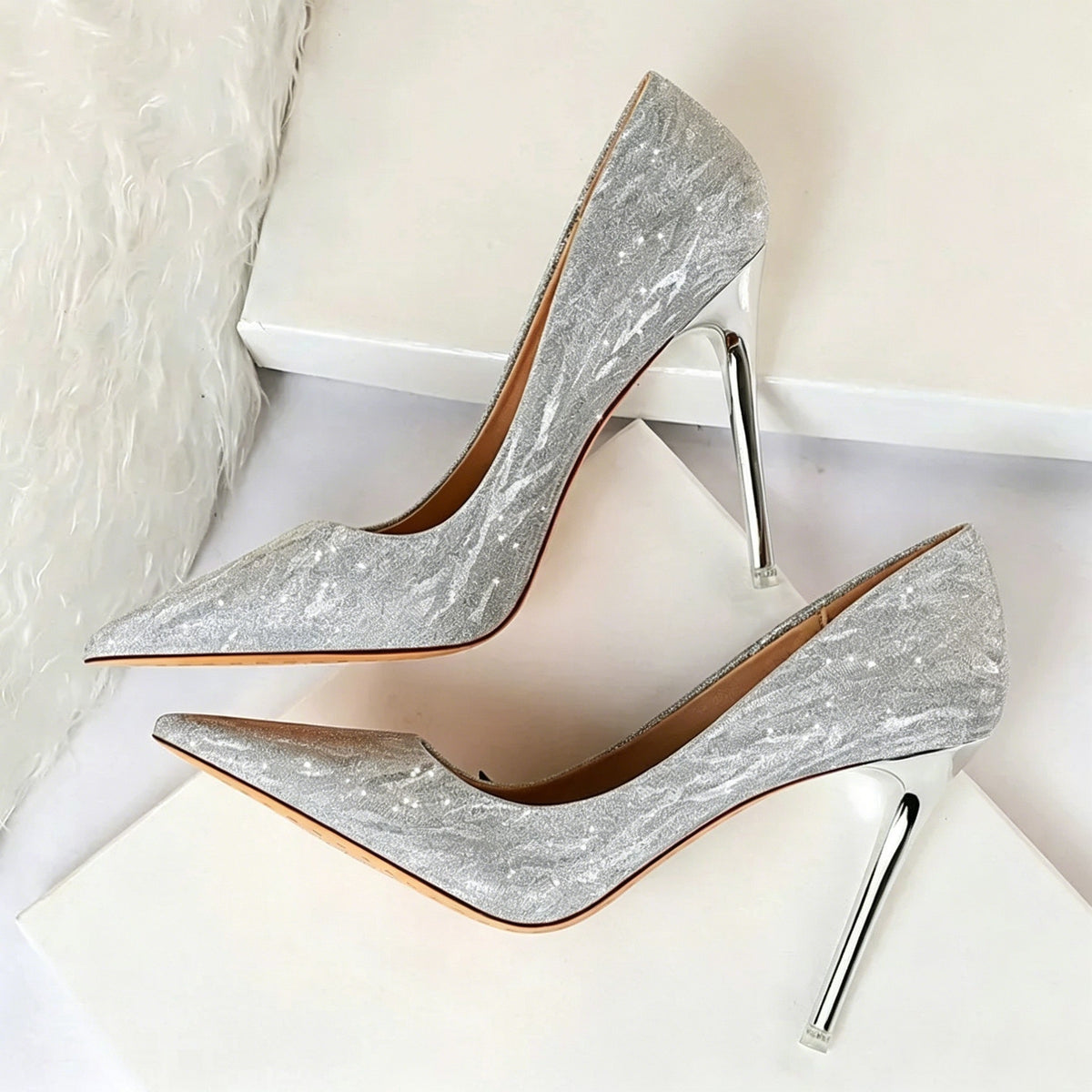Women's Sequin Wedding Party Shoes Stiletto Heel Pointed Toe Bridal Shoes