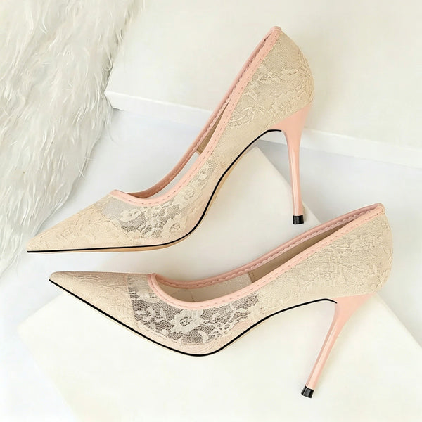 Mesh Patterned Openwork Lace Stiletto Heel Pointed Toe Wedding Party Shoes
