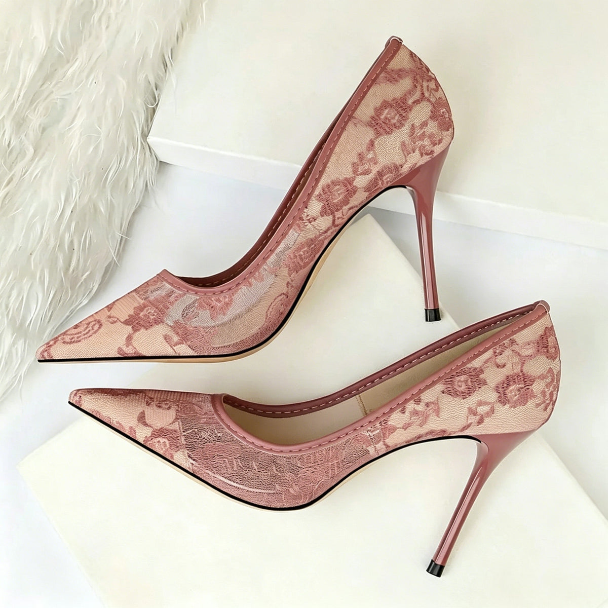 Mesh Patterned Openwork Lace Stiletto Heel Pointed Toe Wedding Party Shoes