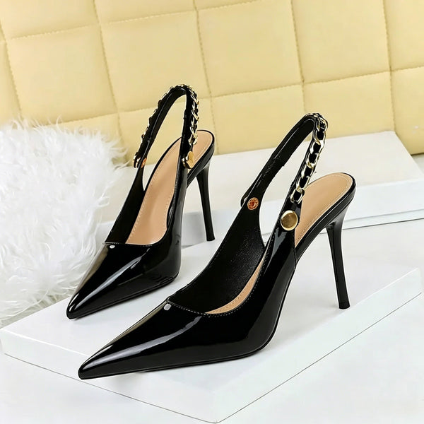 Women's Stiletto Heel Pointed Toe Wedding Party Shoes with Metal Chain and Back Strap