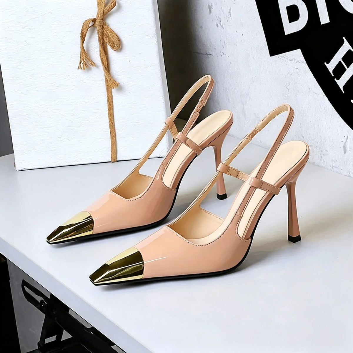 Women's Metal Tipped back Strap Stiletto Heel Pointed Toe Wedding Party Shoes