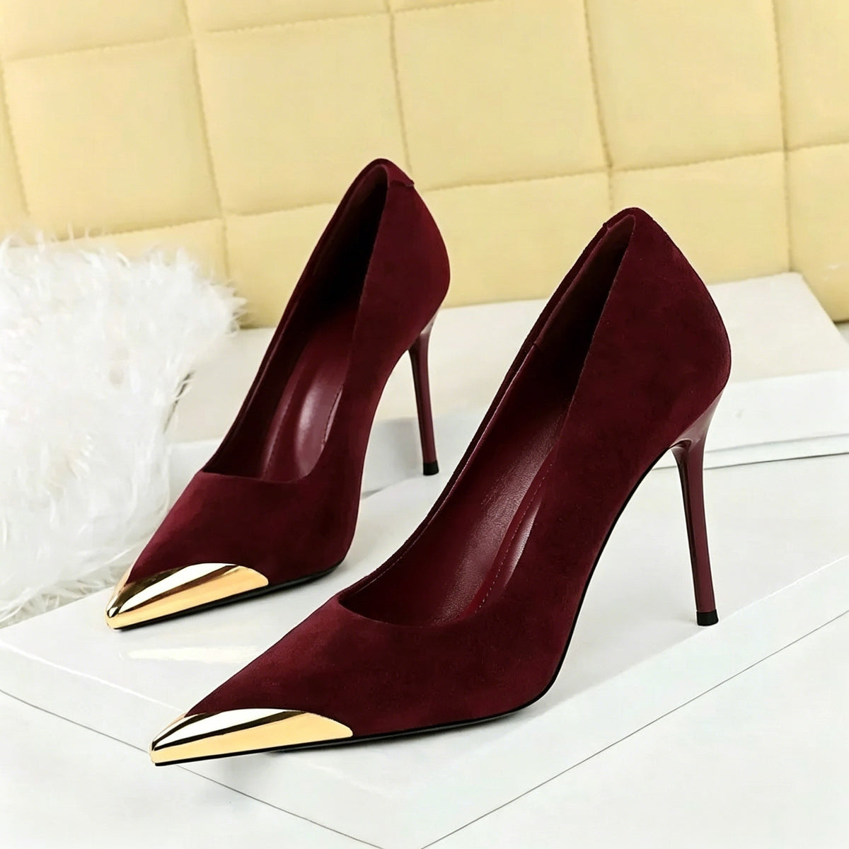 Women's Metal Tipped Suede Stiletto Heel Pointed Toe Wedding Party Shoes