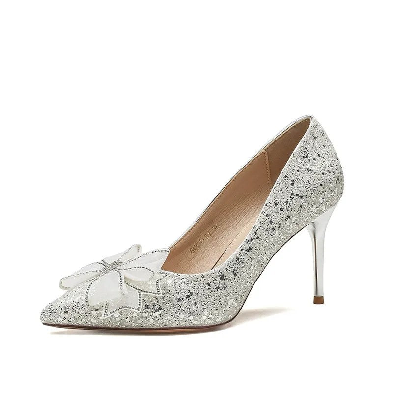 Women's Rhinestone Butterfly Stiletto Heel Pointed Toe Wedding Party Shoes