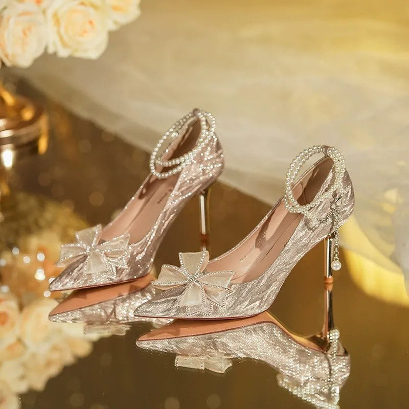 Women's Butterfly Stiletto Heel Pointed Toe Wedding Party Shoes with Pearl Chain