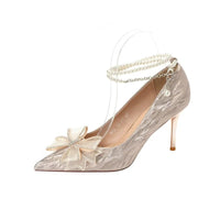 Women's Butterfly Stiletto Heel Pointed Toe Wedding Party Shoes with Pearl Chain