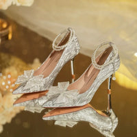 Women's Butterfly Stiletto Heel Pointed Toe Wedding Party Shoes with Pearl Chain