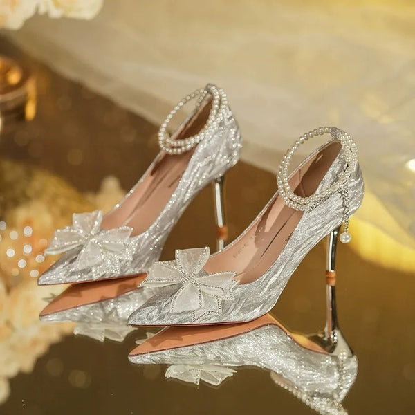 Women's Butterfly Stiletto Heel Pointed Toe Wedding Party Shoes with Pearl Chain