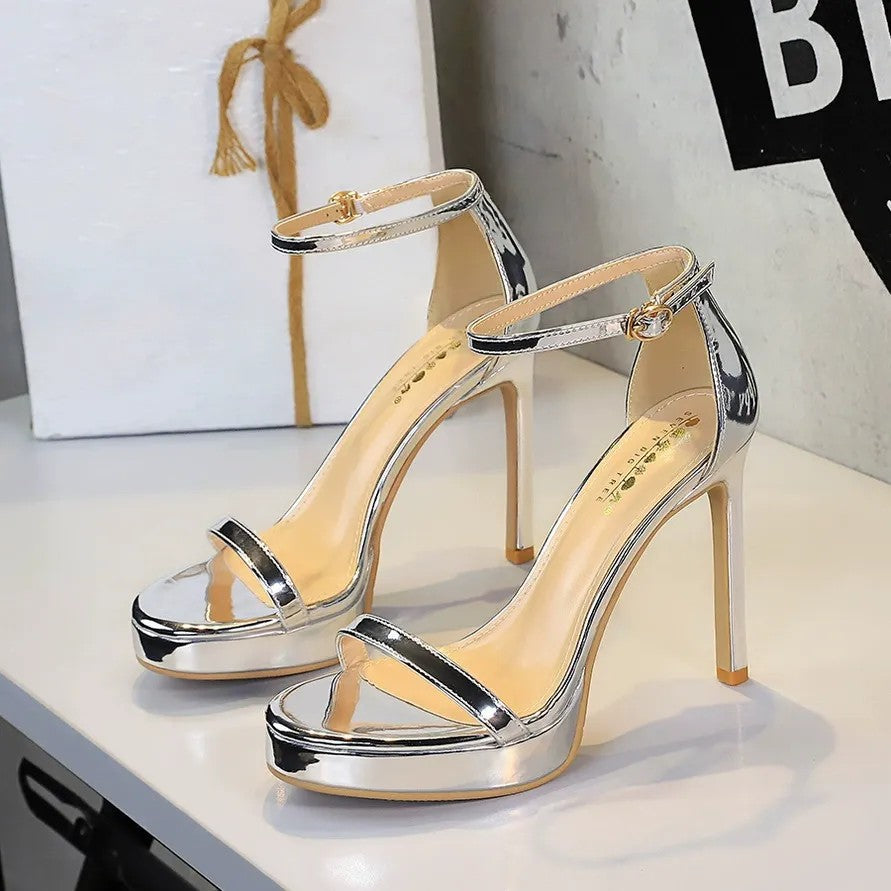 Women's Patent Leather Stiletto Heel Opened Toe Wedding Party Shoes with Straight Buckle