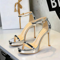 Women's Patent Leather Stiletto Heel Opened Toe Wedding Party Shoes with Straight Buckle