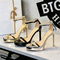 Women's Patent Leather Stiletto Heel Opened Toe Wedding Party Shoes with Straight Buckle