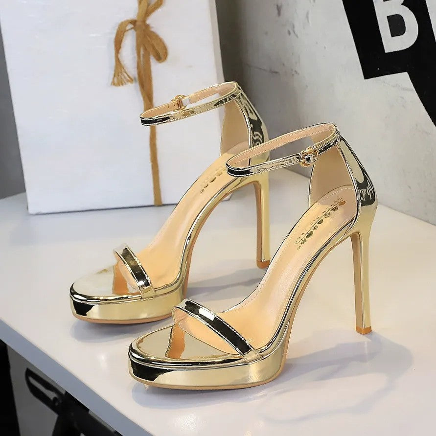 Women's Patent Leather Stiletto Heel Opened Toe Wedding Party Shoes with Straight Buckle