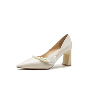 Women's Satin Chunky Heel Pointed Toe Wedding Party Shoes with Pearls