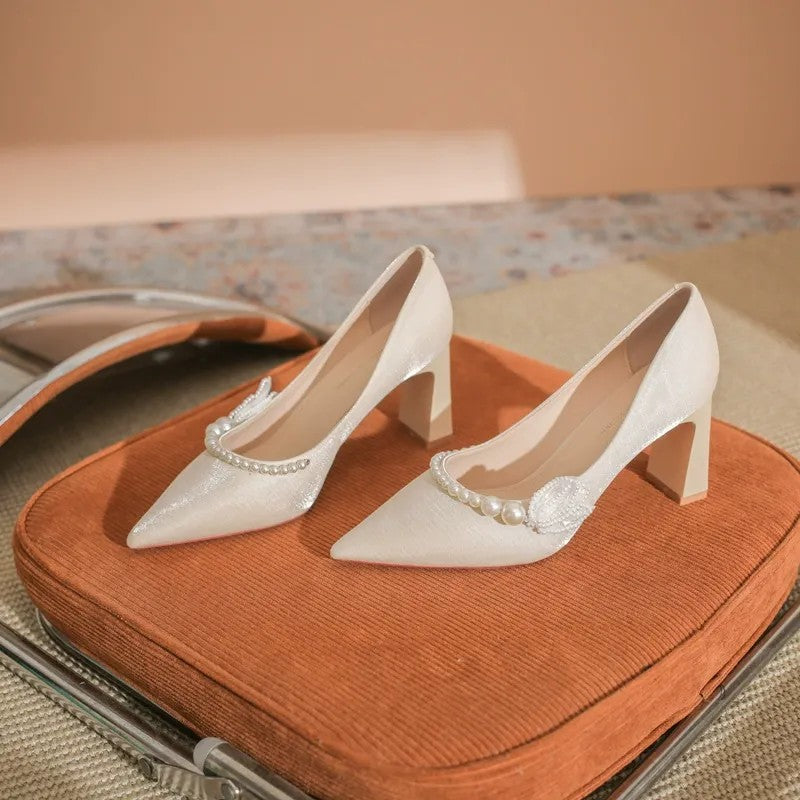 Women's Satin Chunky Heel Pointed Toe Wedding Party Shoes with Pearls