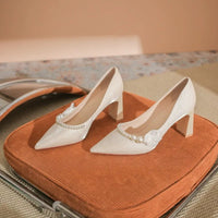 Women's Satin Chunky Heel Pointed Toe Wedding Party Shoes with Pearls