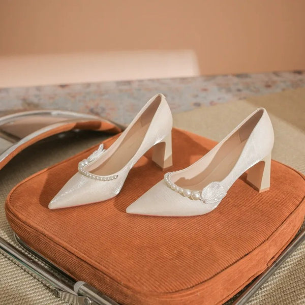 Women's Satin Chunky Heel Pointed Toe Wedding Party Shoes with Pearls