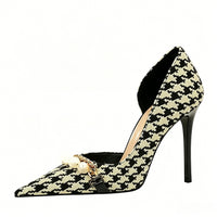 Women's Checkered Pattern Stiletto Heel Pointed Toe Wedding Party Shoes with Pearls