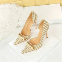 Women's Checkered Pattern Stiletto Heel Pointed Toe Wedding Party Shoes with Pearls
