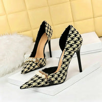 Women's Checkered Pattern Stiletto Heel Pointed Toe Wedding Party Shoes with Pearls