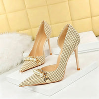 Women's Checkered Pattern Stiletto Heel Pointed Toe Wedding Party Shoes with Pearls