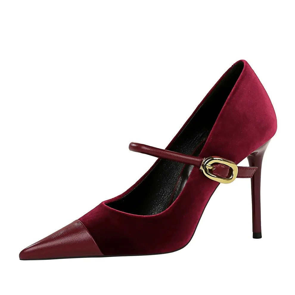 Women's Suede Stiletto Heel Pointed Toe Wedding Party Shoes with Single Strap