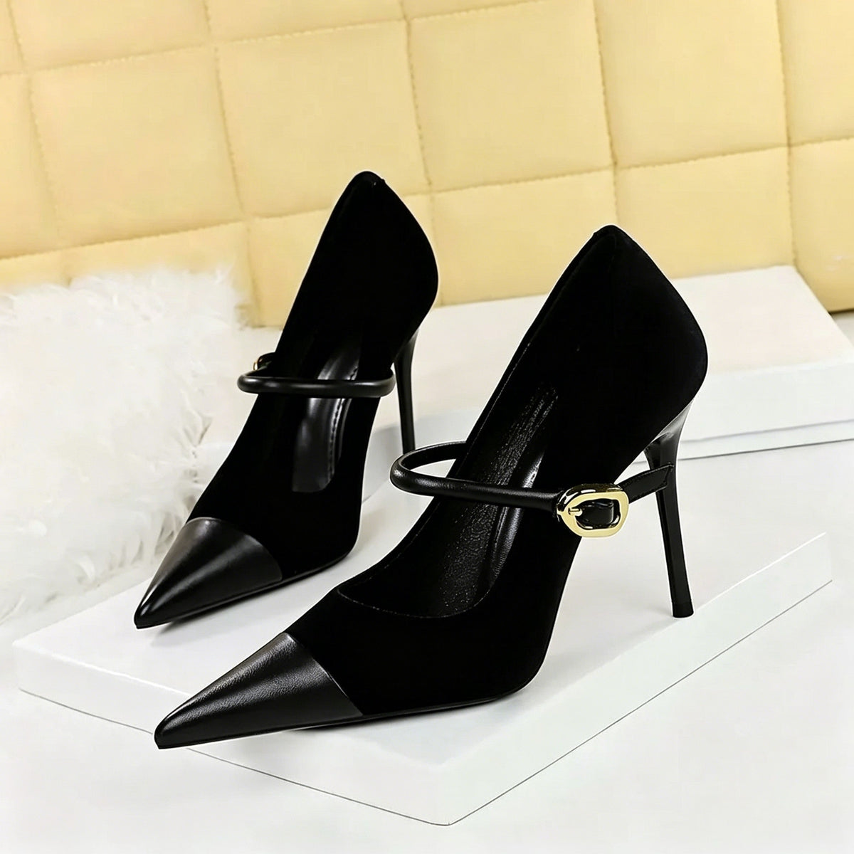 Women's Suede Stiletto Heel Pointed Toe Wedding Party Shoes with Single Strap