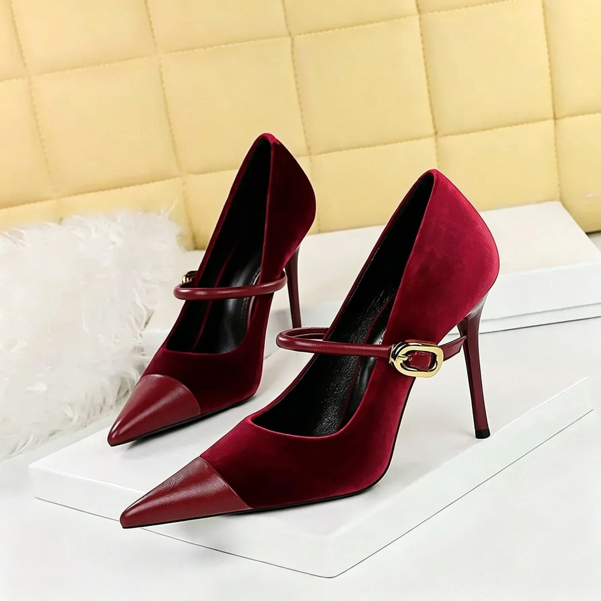 Women's Suede Stiletto Heel Pointed Toe Wedding Party Shoes with Single Strap