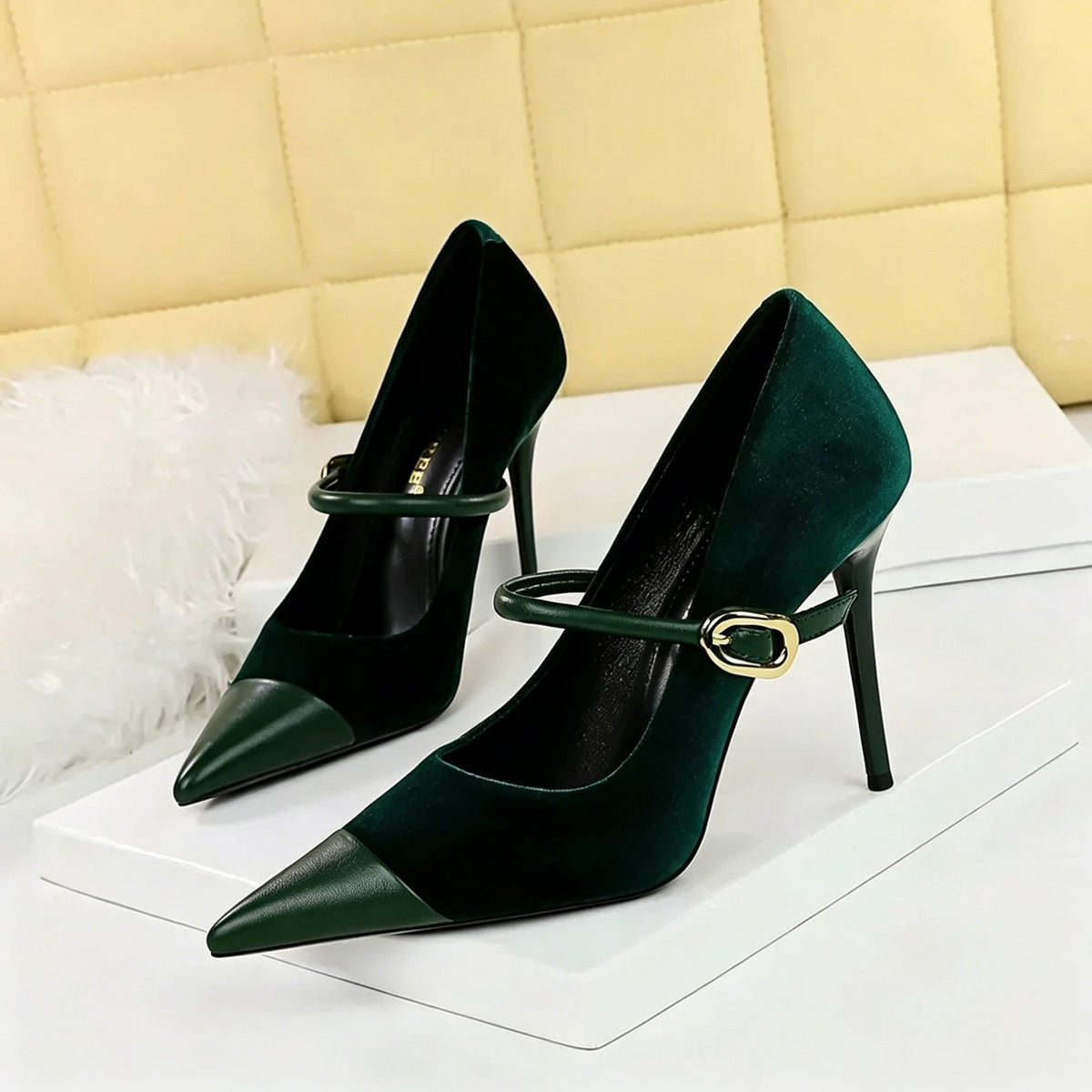 Women's Suede Stiletto Heel Pointed Toe Wedding Party Shoes with Single Strap