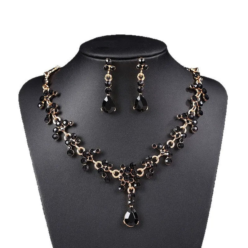 Plated Teardrop Crystal Jewelry Set Bridal Necklace 2 Pieces Chain Crystal Earrings