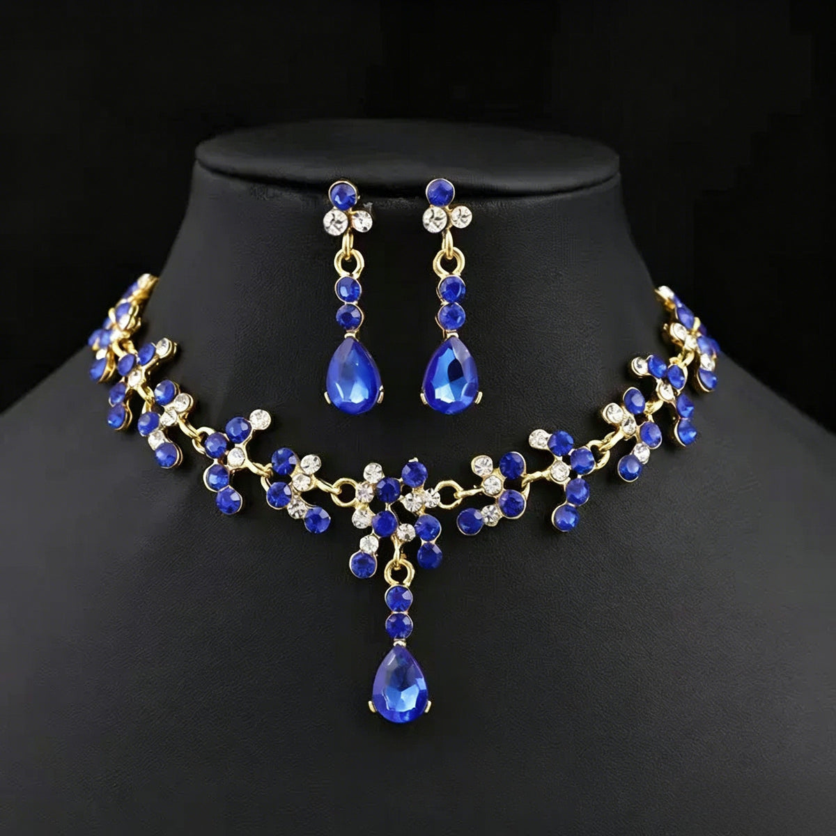 Plated Teardrop Crystal Jewelry Set Bridal Necklace 2 Pieces Chain Crystal Earrings