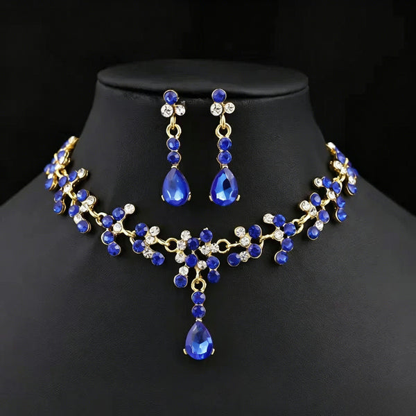 Plated Teardrop Crystal Jewelry Set Bridal Necklace 2 Pieces Chain Crystal Earrings