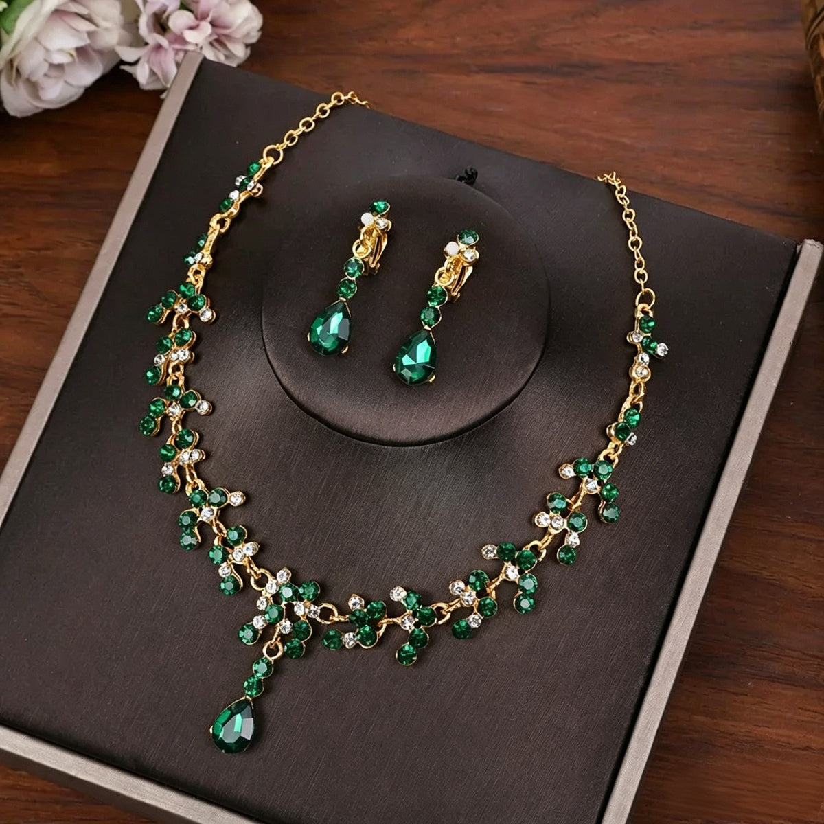 Plated Teardrop Crystal Jewelry Set Bridal Necklace 2 Pieces Chain Crystal Earrings