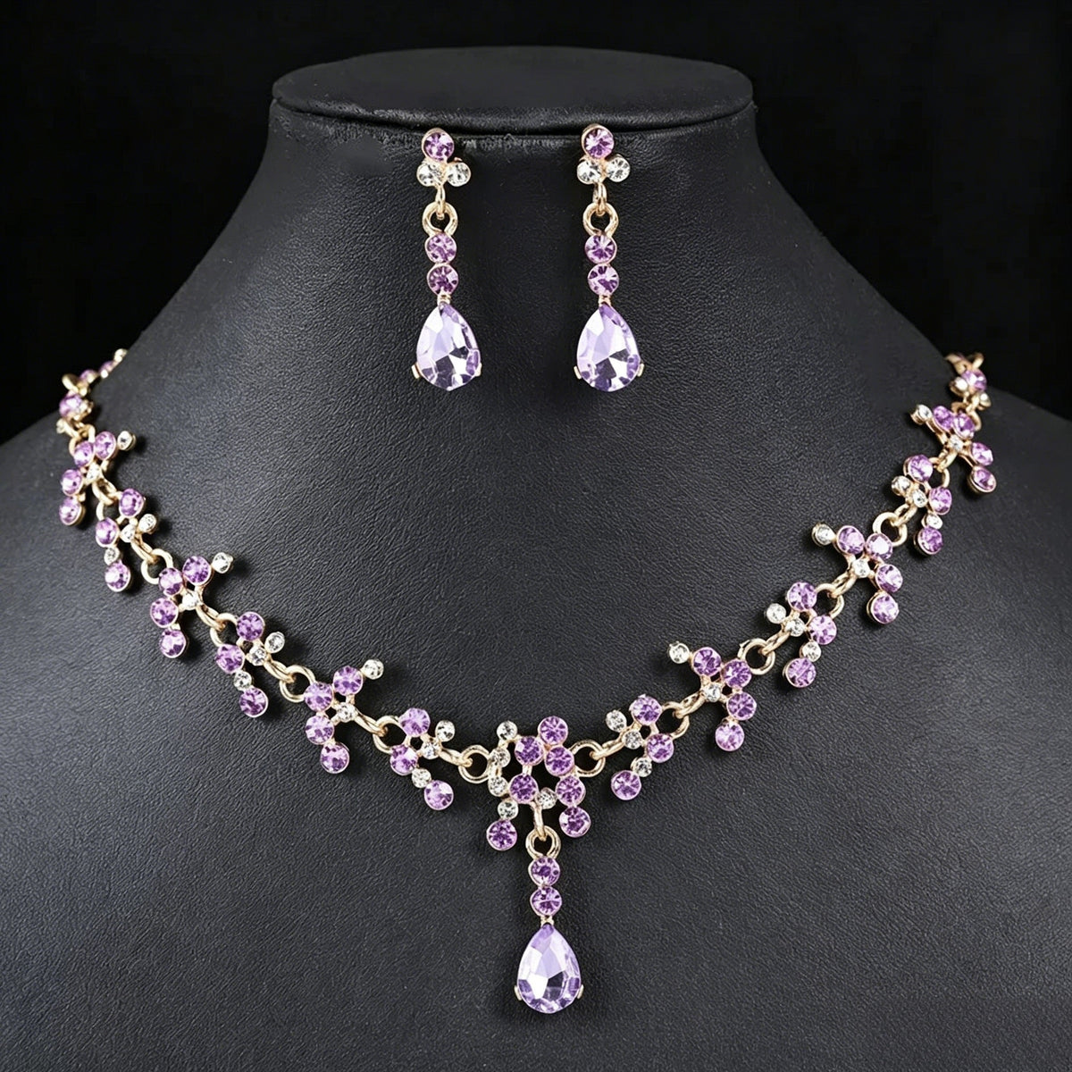 Plated Teardrop Crystal Jewelry Set Bridal Necklace 2 Pieces Chain Crystal Earrings