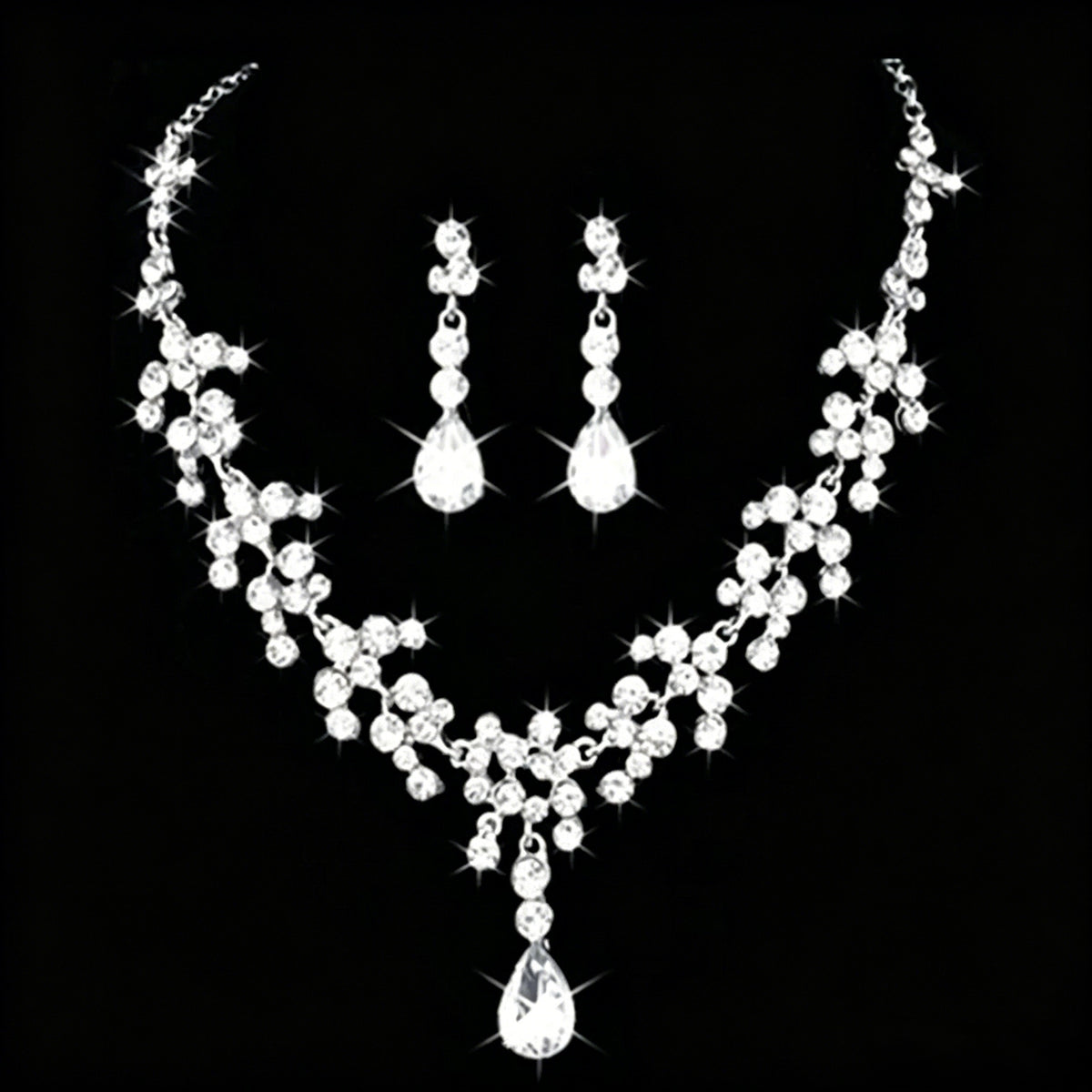Plated Teardrop Crystal Jewelry Set Bridal Necklace 2 Pieces Chain Crystal Earrings