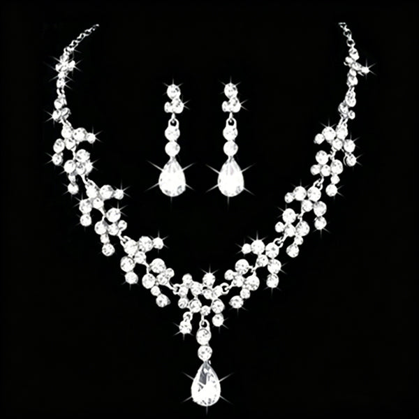 Plated Teardrop Crystal Jewelry Set Bridal Necklace 2 Pieces Chain Crystal Earrings