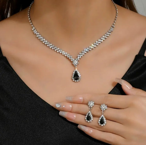 Bridal Teardrop Rhinestone Necklace Earrings Set Sparkling Formal Jewelry