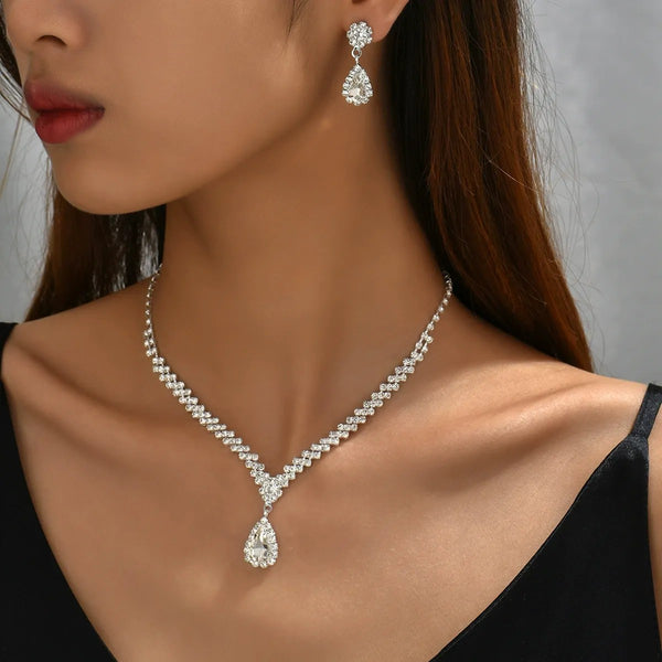 Bridal Teardrop Rhinestone Necklace Earrings Set Sparkling Formal Jewelry