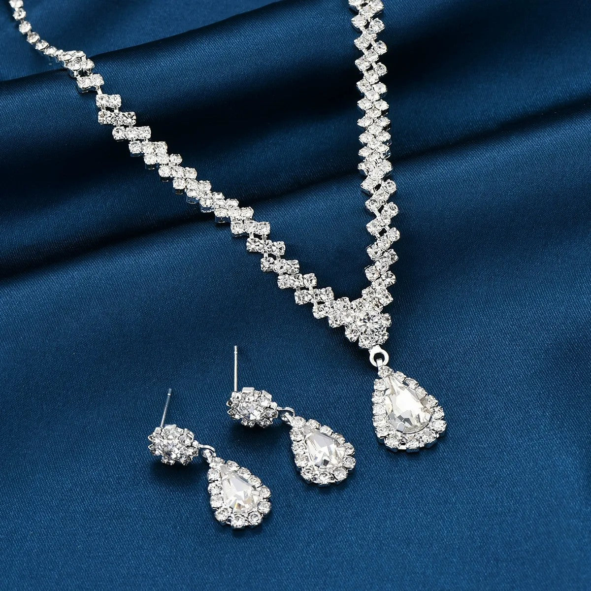 Bridal Teardrop Rhinestone Necklace Earrings Set Sparkling Formal Jewelry