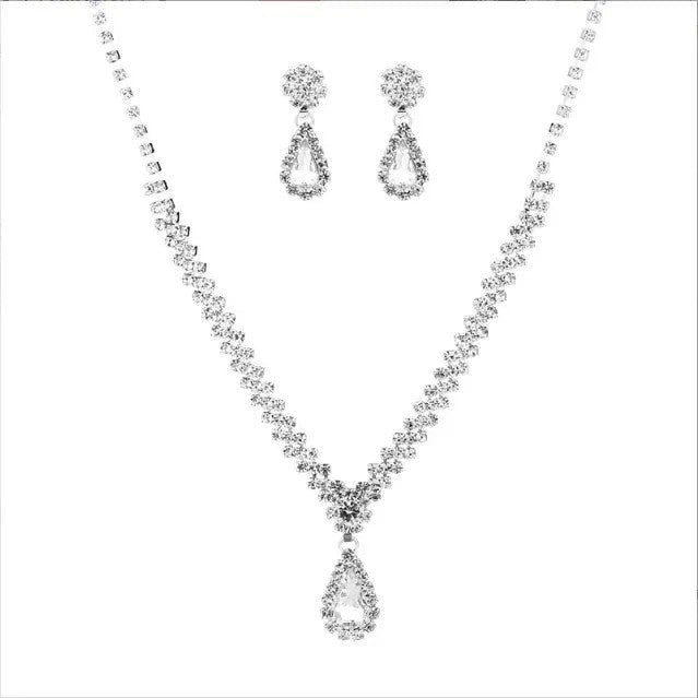 Bridal Teardrop Rhinestone Necklace Earrings Set Sparkling Formal Jewelry