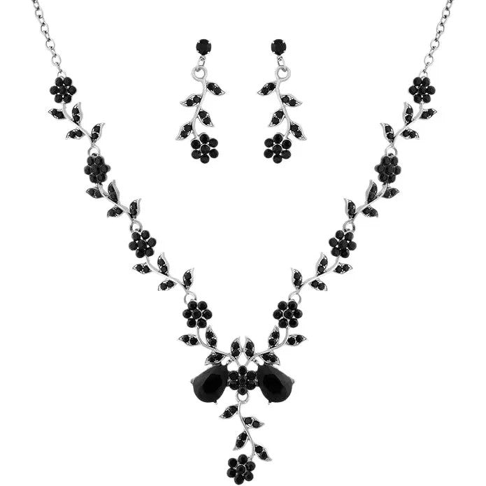 Vintage Rhinestone Flower Leaf Necklace Earrings Set for Evening Party