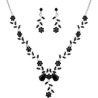 Vintage Rhinestone Flower Leaf Necklace Earrings Set for Evening Party