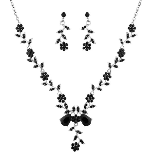 Vintage Rhinestone Flower Leaf Necklace Earrings Set for Evening Party