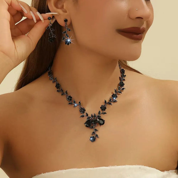Vintage Rhinestone Flower Leaf Necklace Earrings Set for Evening Party