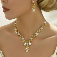 Vintage Rhinestone Flower Leaf Necklace Earrings Set for Evening Party