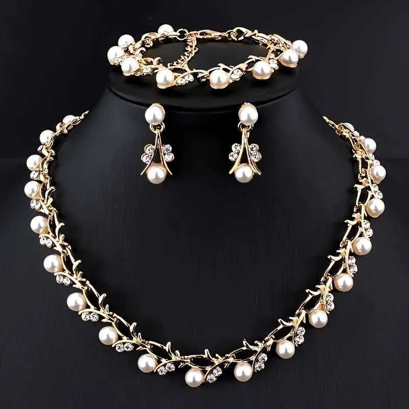 Elegant Leaf Design Pearl Jewelry Set Tone Necklace Earrings
