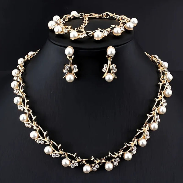 Elegant Leaf Design Pearl Jewelry Set Tone Necklace Earrings