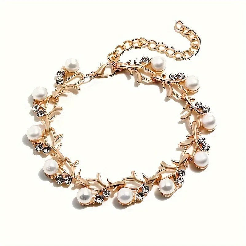 Elegant Leaf Design Pearl Jewelry Set Tone Necklace Earrings