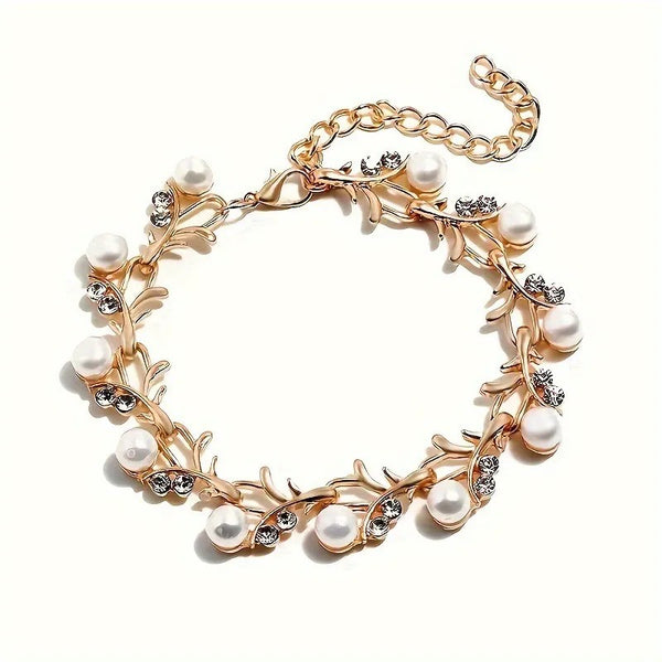 Elegant Leaf Design Pearl Jewelry Set Tone Necklace Earrings