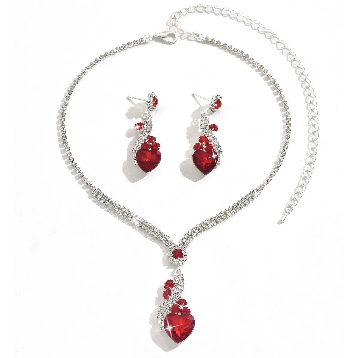 Sparkling Heart Rhinestone Necklace Drop Earrings Set