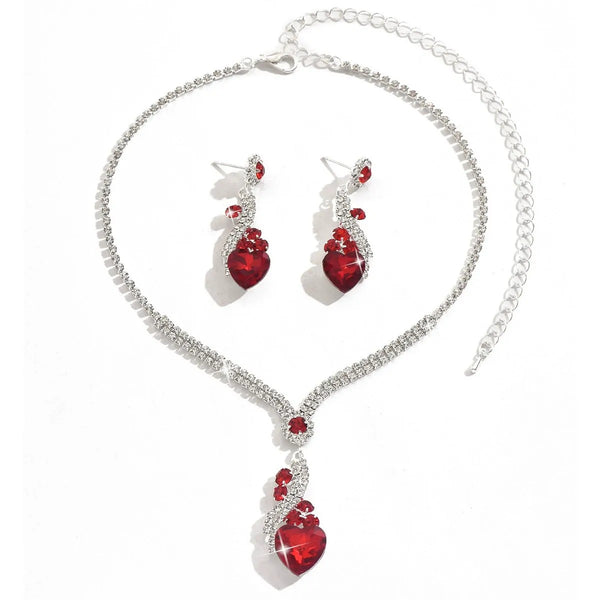 Sparkling Heart Rhinestone Necklace Drop Earrings Set