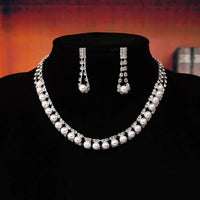 Elegant Pearl and Rhinestone Necklace and Earrings Set Formal Jewelry